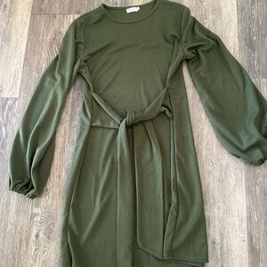 Olive Green Long Sleeve Tie-Waist Dress